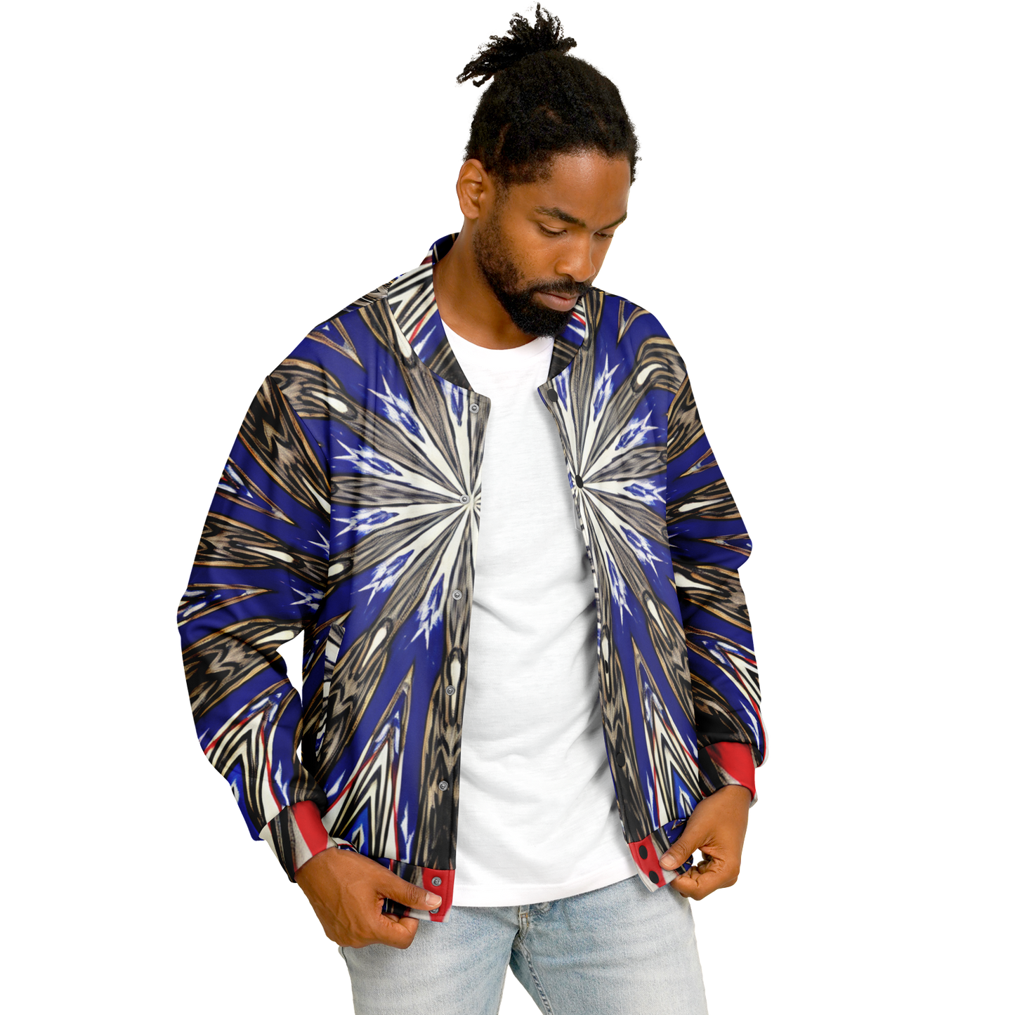 Men's Starburst Patriotic Colors Pattern All-Over-Print Baseball Jacket