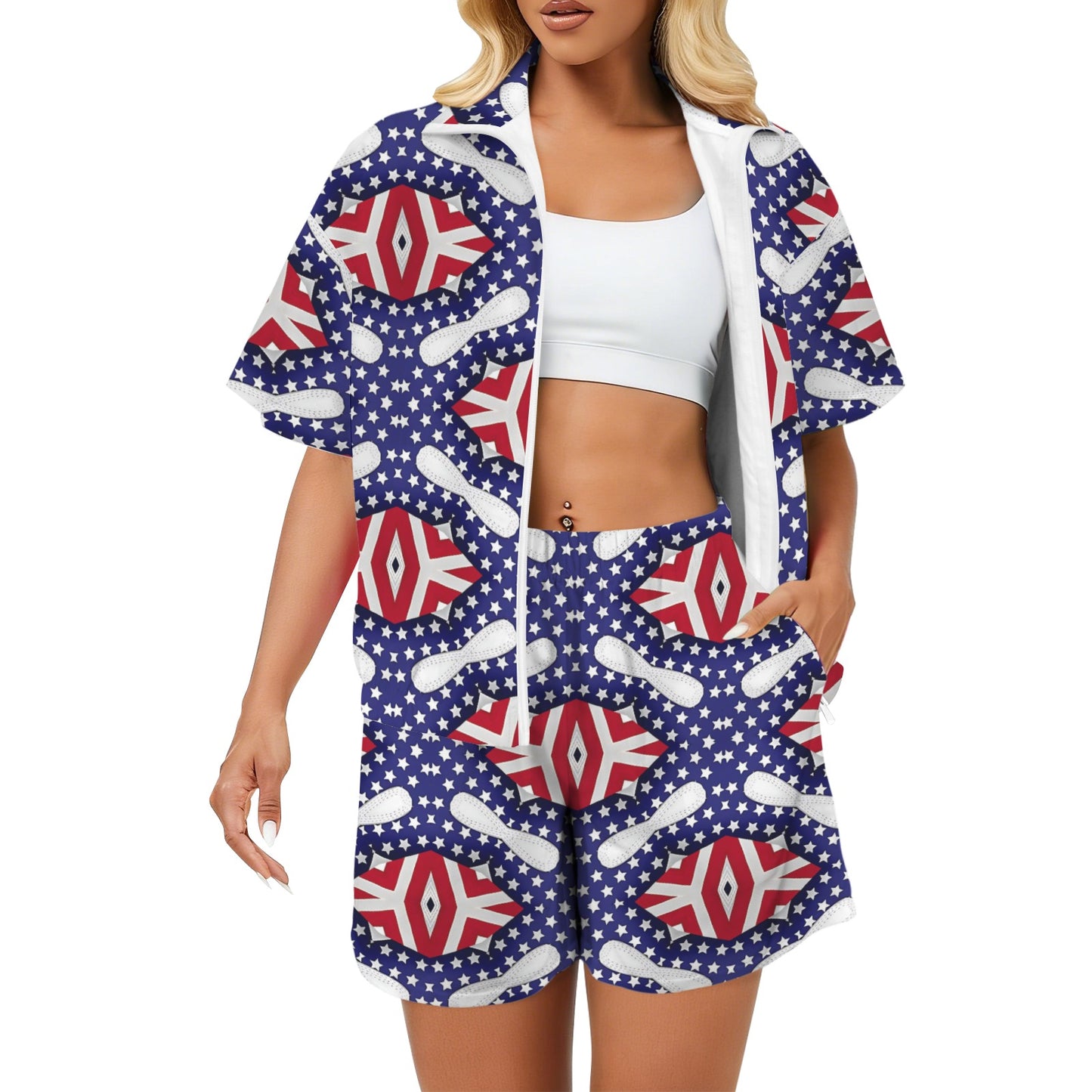 Women's Patriotic Stars & Stripes All Over Print  Windbreaker Short Set