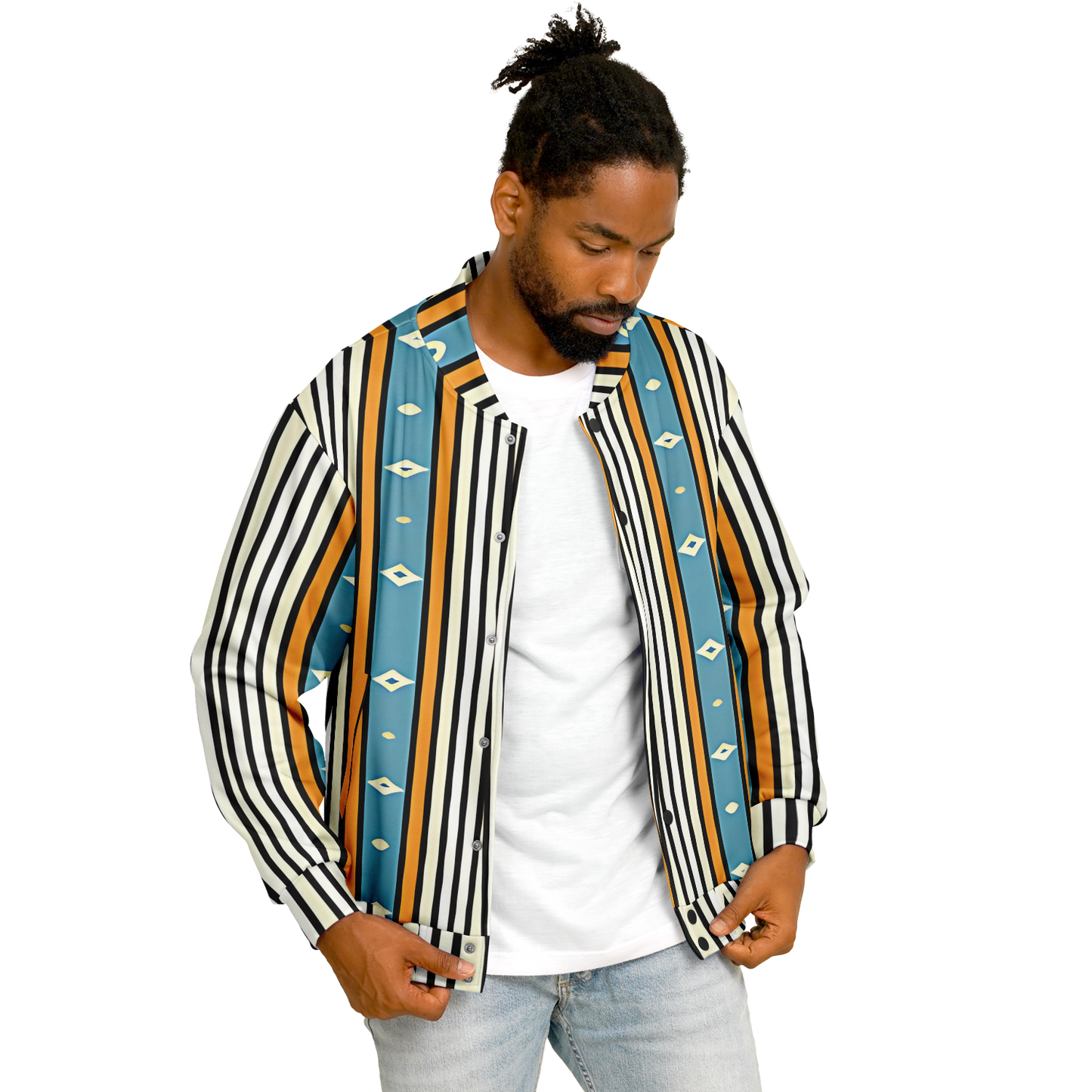 Men's Striped Retro Blue & Orange Patten Design All Over Print Baseball Jacket