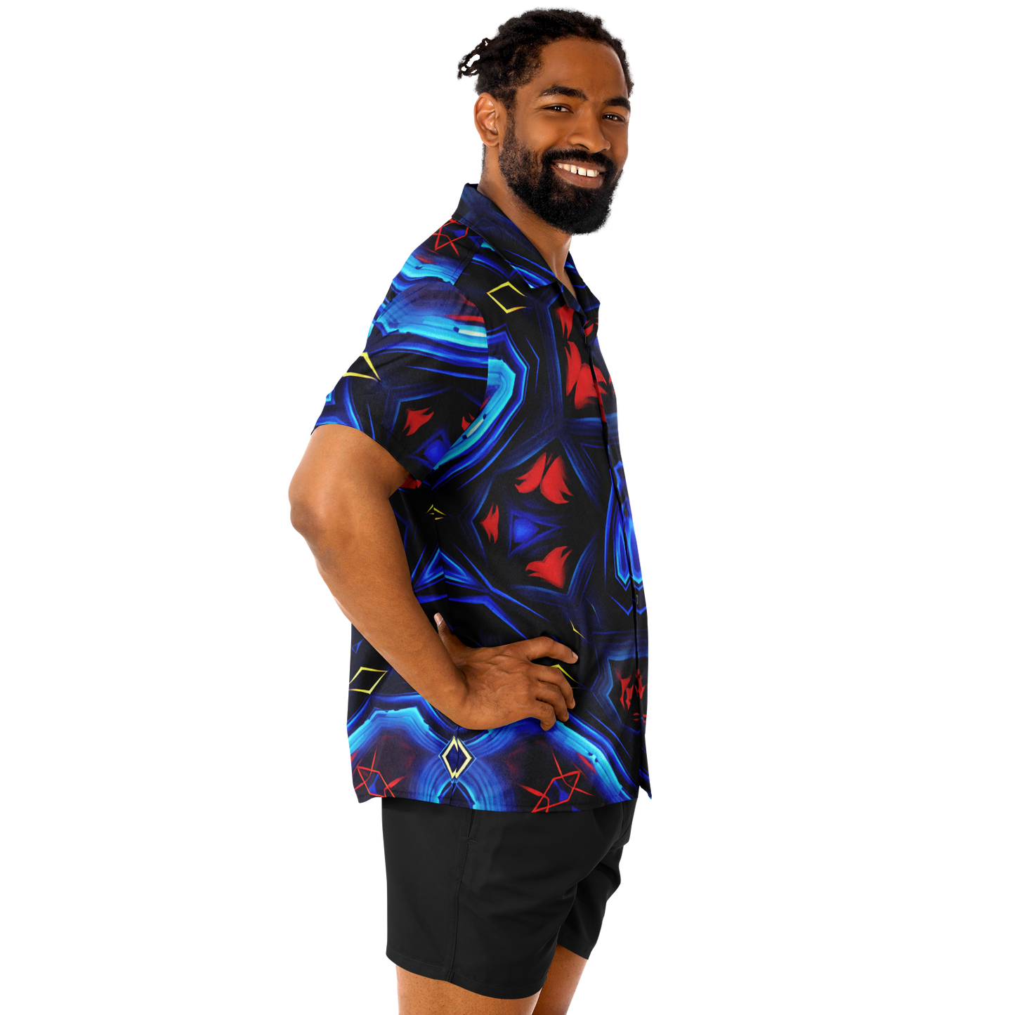 Men's Blue & Red Kaleidoscope Pattern All Over Print Spread Collar Short Sleeve Button-Down Shirt