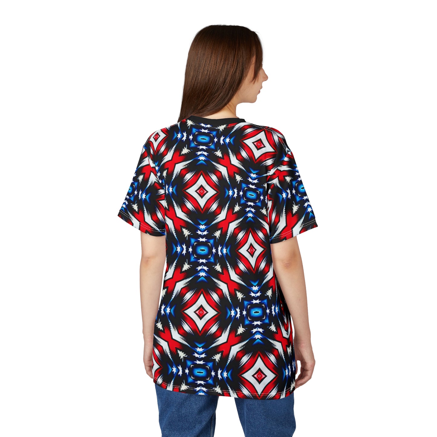 Women's Red White Blue Geometric Pattern All-Over Print Unisex Cut & Sew Tee