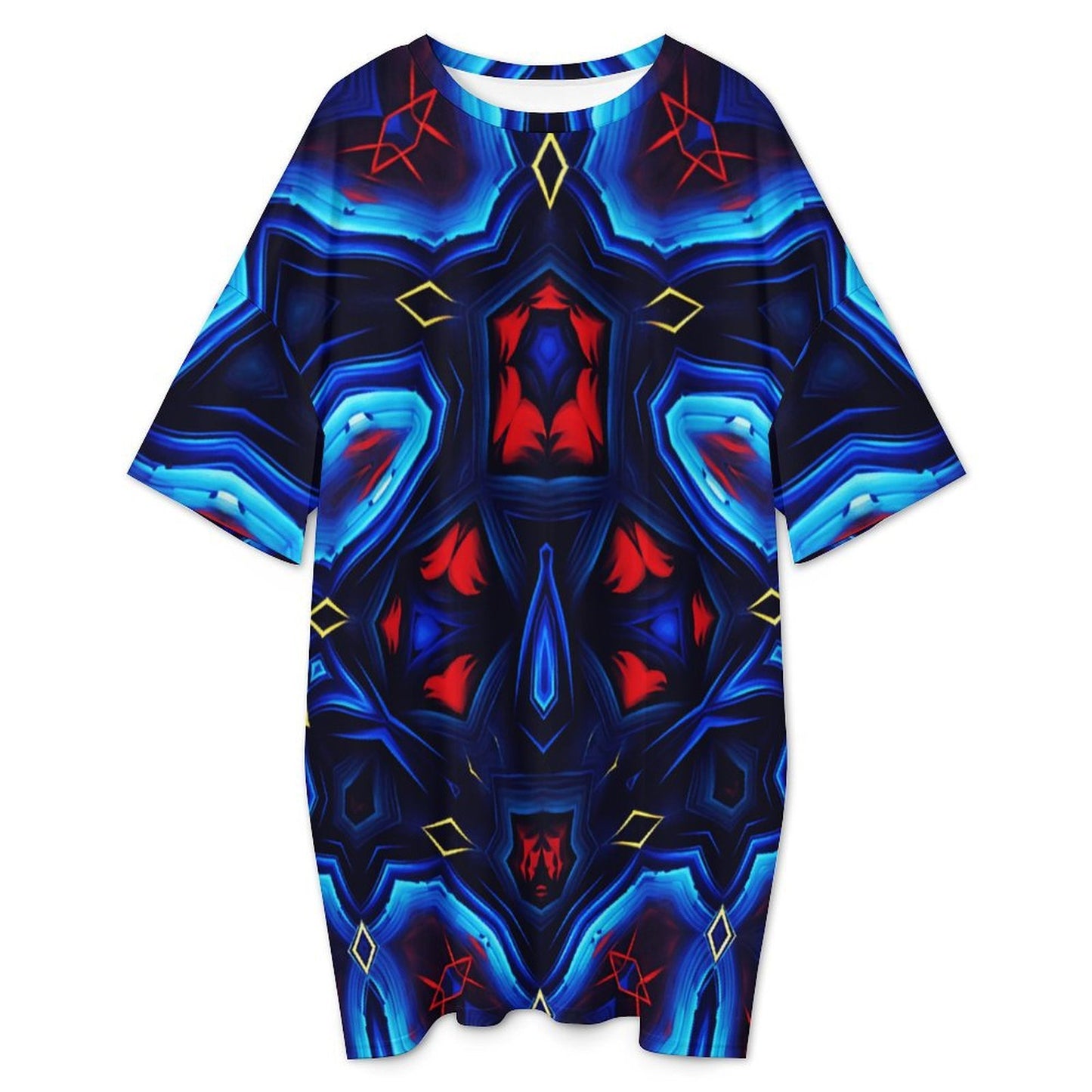 Women's Blue & Red Kaleidoscope Pattern Oversized T- Shirt Loungewear