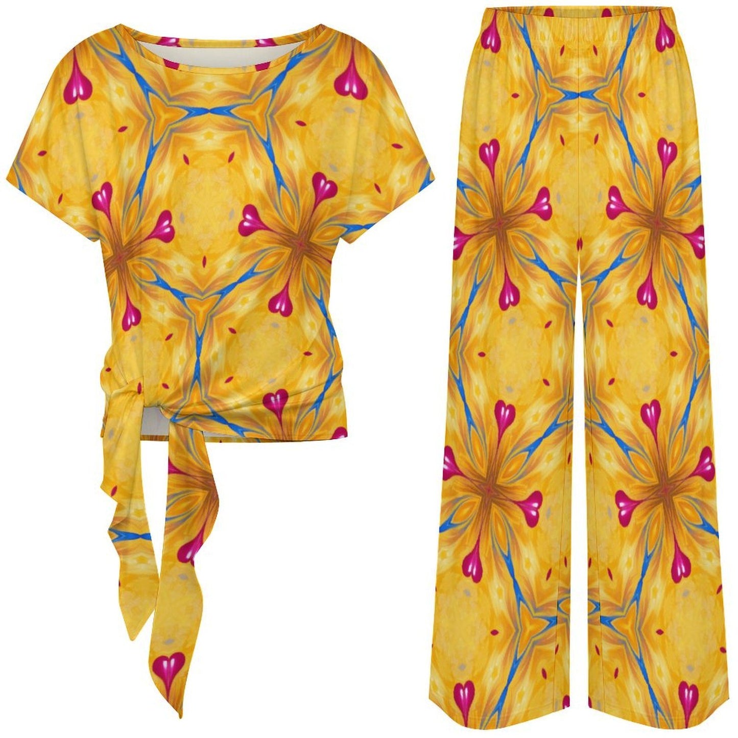 Women's Yellow & Cross Red Heart Pop Pattern All Over Print Side-Tie Short Sleeve Top & Wide-Leg Pants Set