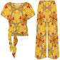 Women's Yellow & Cross Red Heart Pop Pattern All Over Print Side-Tie Short Sleeve Top & Wide-Leg Pants Set