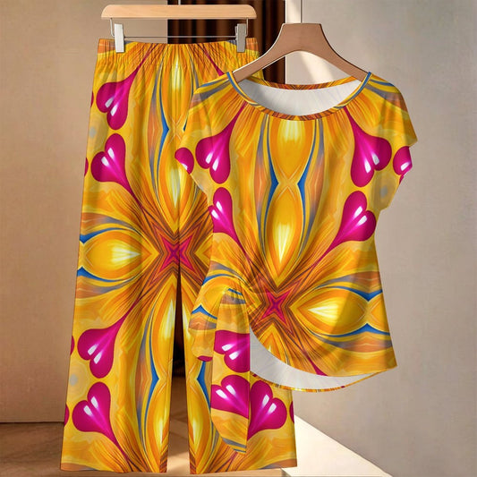 Women's Yellow & Red Heart To Heart Pop Pattern All Over Print Side-Tie Short Sleeve Top & Wide-Leg Pants Set