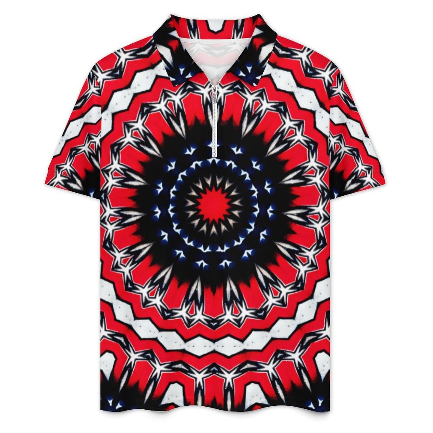 Men's Red, Black & White Psychedelic Pattern All-Over Print Shirt Zip-Up Polo Set