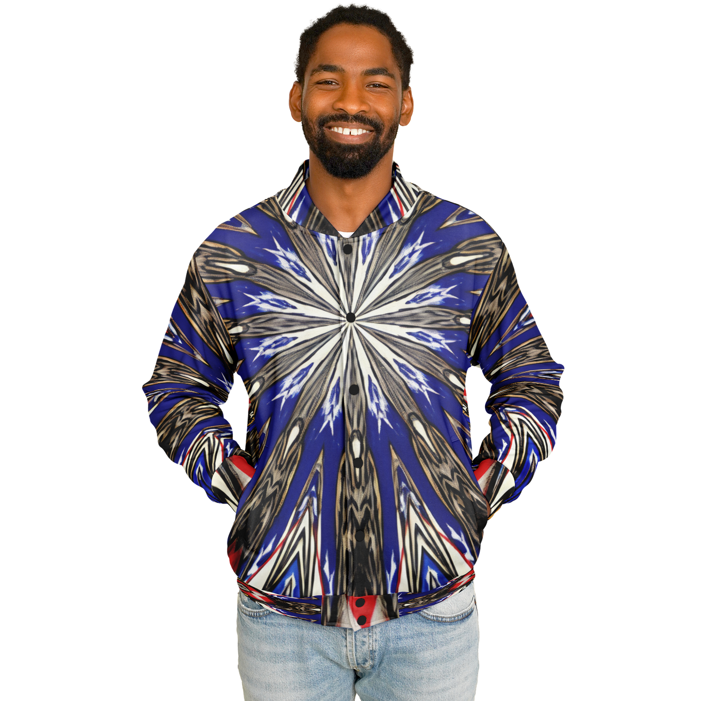 Men's Starburst Patriotic Colors Pattern All-Over-Print Baseball Jacket