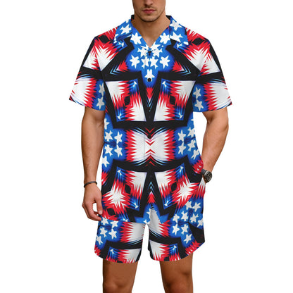Men's Red White Blue & Black Geometric Pattern All-Over Print Hawaiian Shirt & Shorts Set