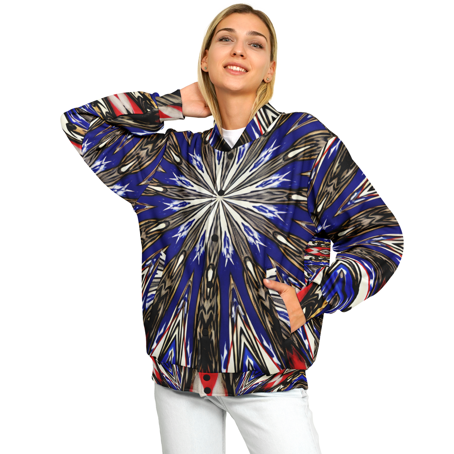 Women's Starburst Patriotic Colors Pattern All-Over-Print Baseball Jacket