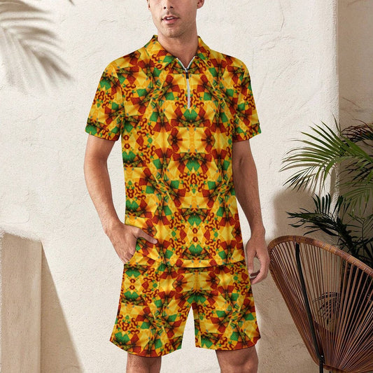 Men's Vibrant Autumn Kaleidoscope Pattern All Over Print Zip-Up Polo Set