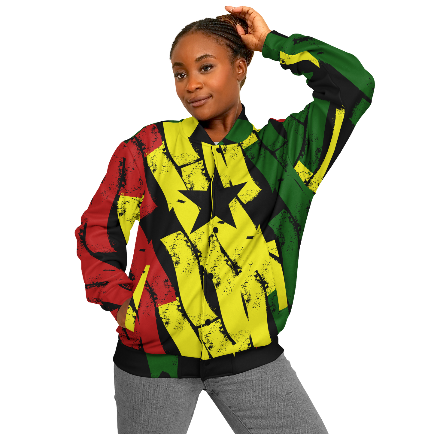 Women's Ghana Flag & Black Star Pattern All-Over Print Baseball Jacket