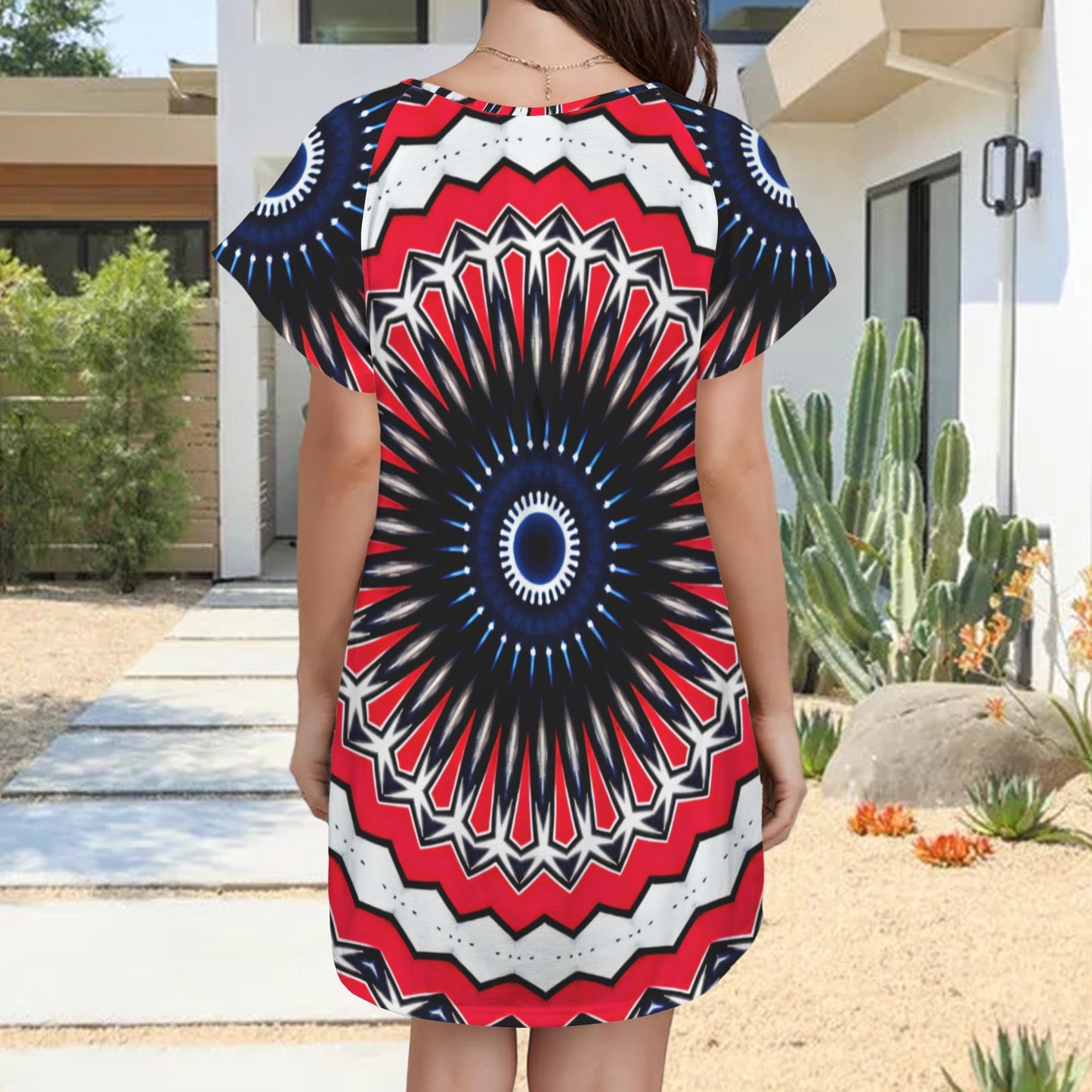 Women's Red, Black & White Psychedelic Pattern All-Over Print Round Neck Pocket Casual Dress