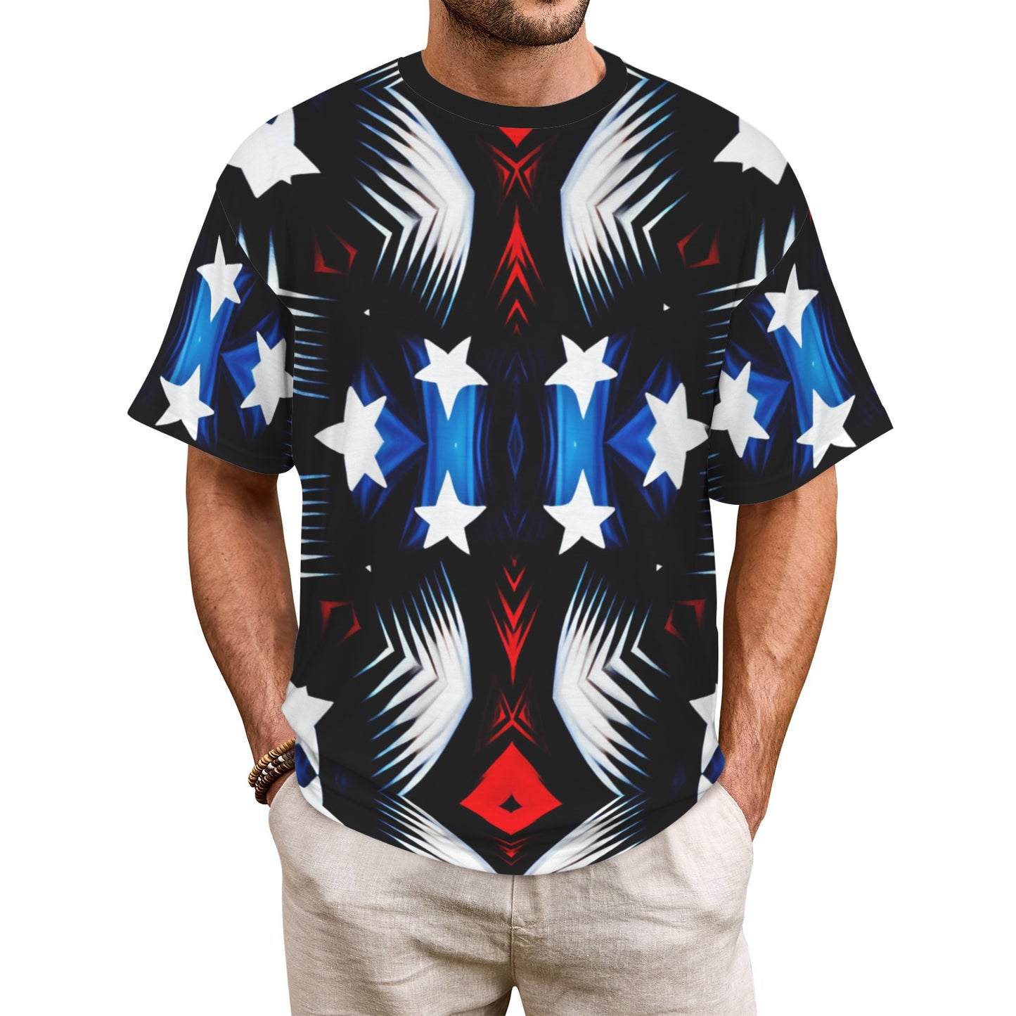 Men's Patriotic Starburst Pattern All-Over Print Men's All Over Print Ribbed Collar T-Shirt