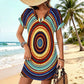 Women's Retro Radiant Circle Pattern All-Over Print Casual V-Neck Dress with Rolled Cuffs