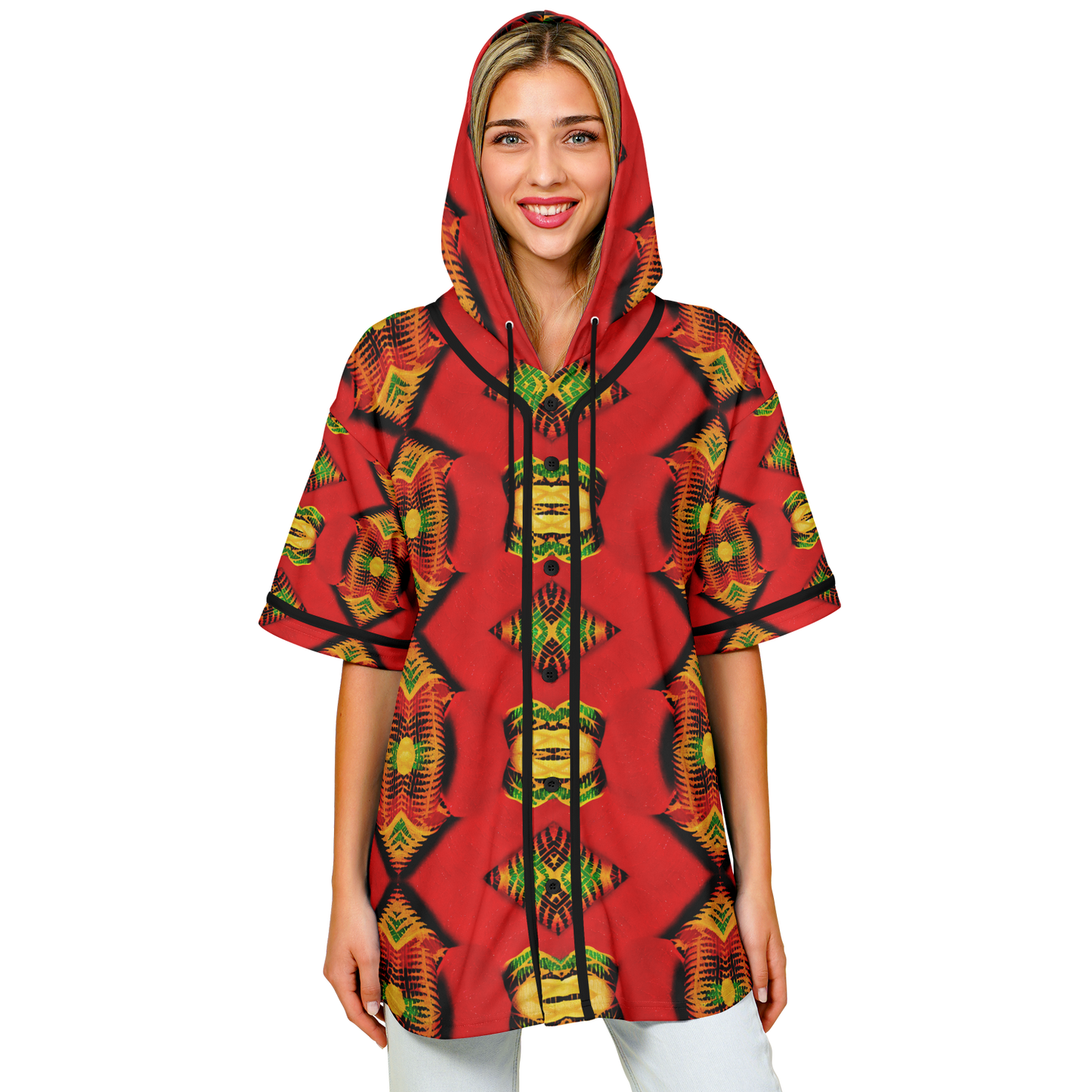 Women's Red Bold Tribal All-Over Print Hooded Baseball Jersey