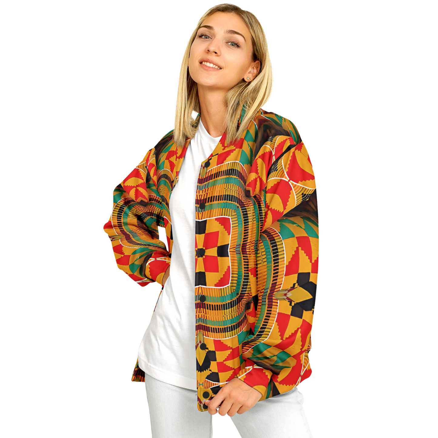 Women's Vibrant African Kente-Inspired Pattern All-Over Print Baseball Jacket