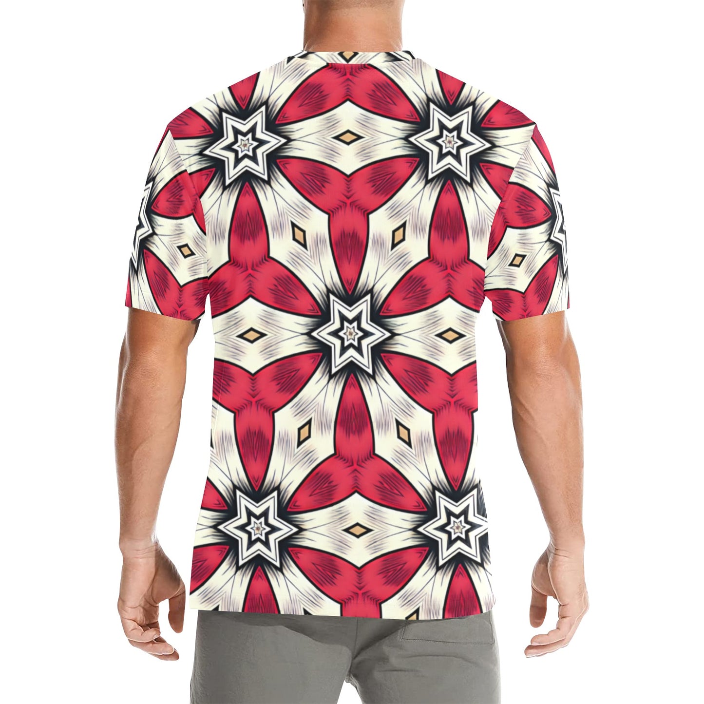 Men's Red & White Geometric Star Pattern All Over Print All Over Print Crew Neck T-Shirt