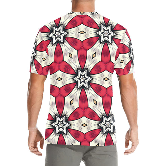 Men's Red & White Geometric Star Pattern All Over Print All Over Print Crew Neck T-Shirt