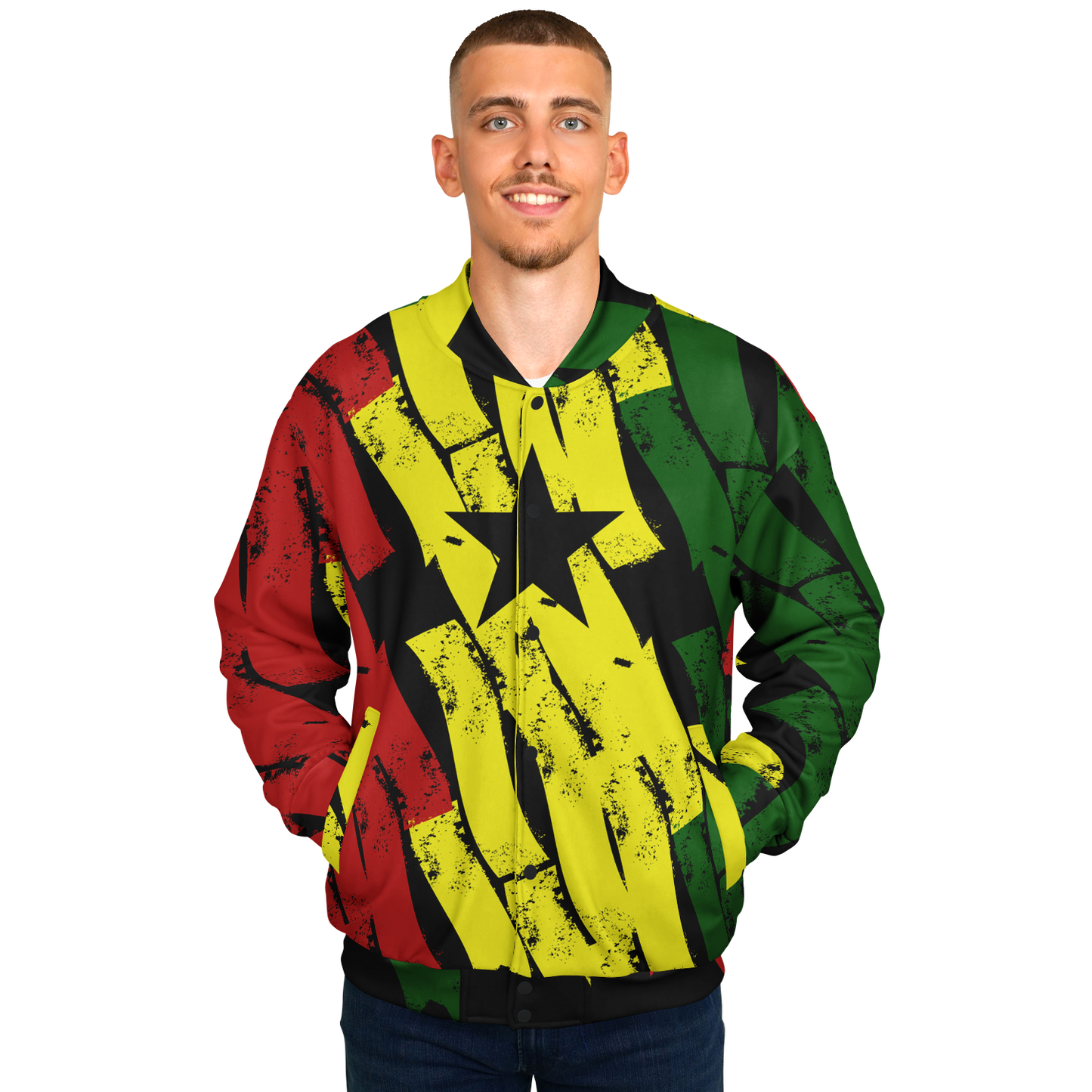 Men's Ghana Flag & Black Star Pattern All-Over Print Baseball Jacket