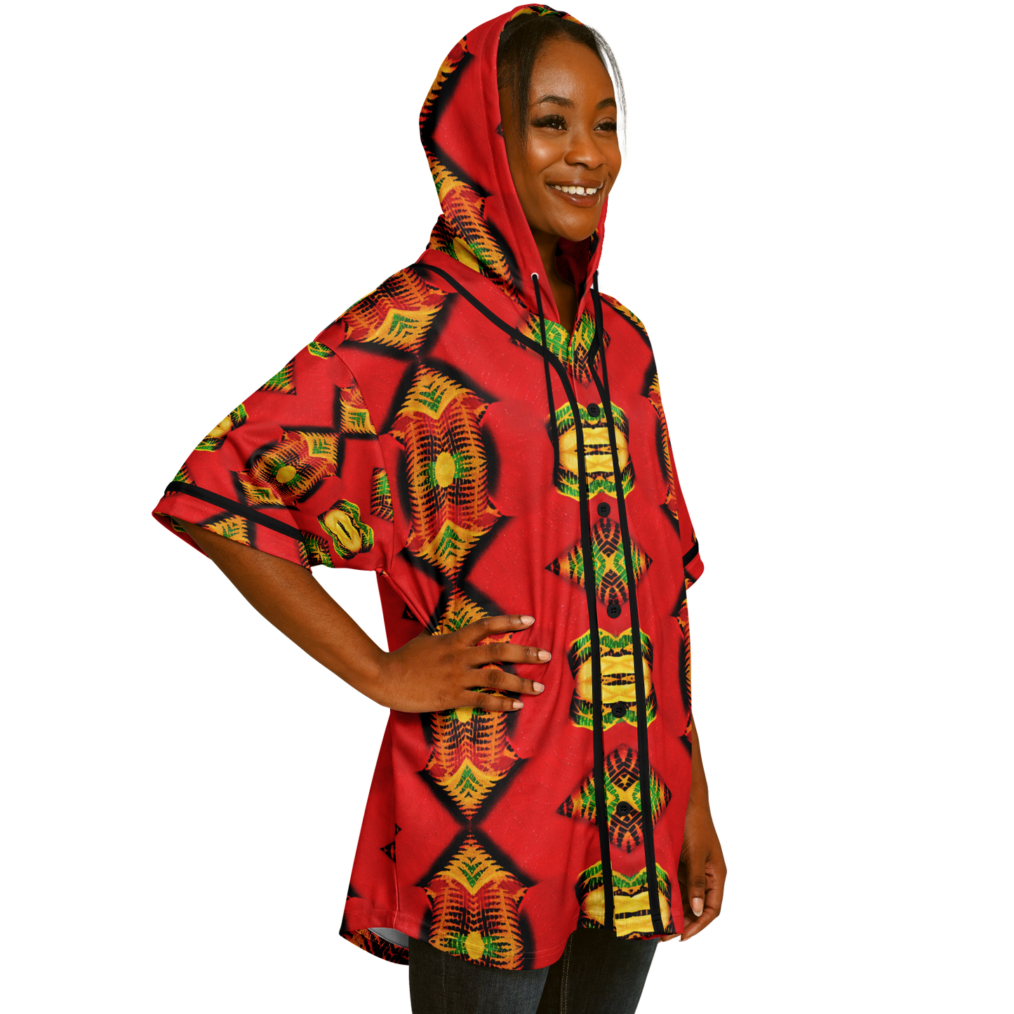Women's Red Bold Tribal All-Over Print Hooded Baseball Jersey