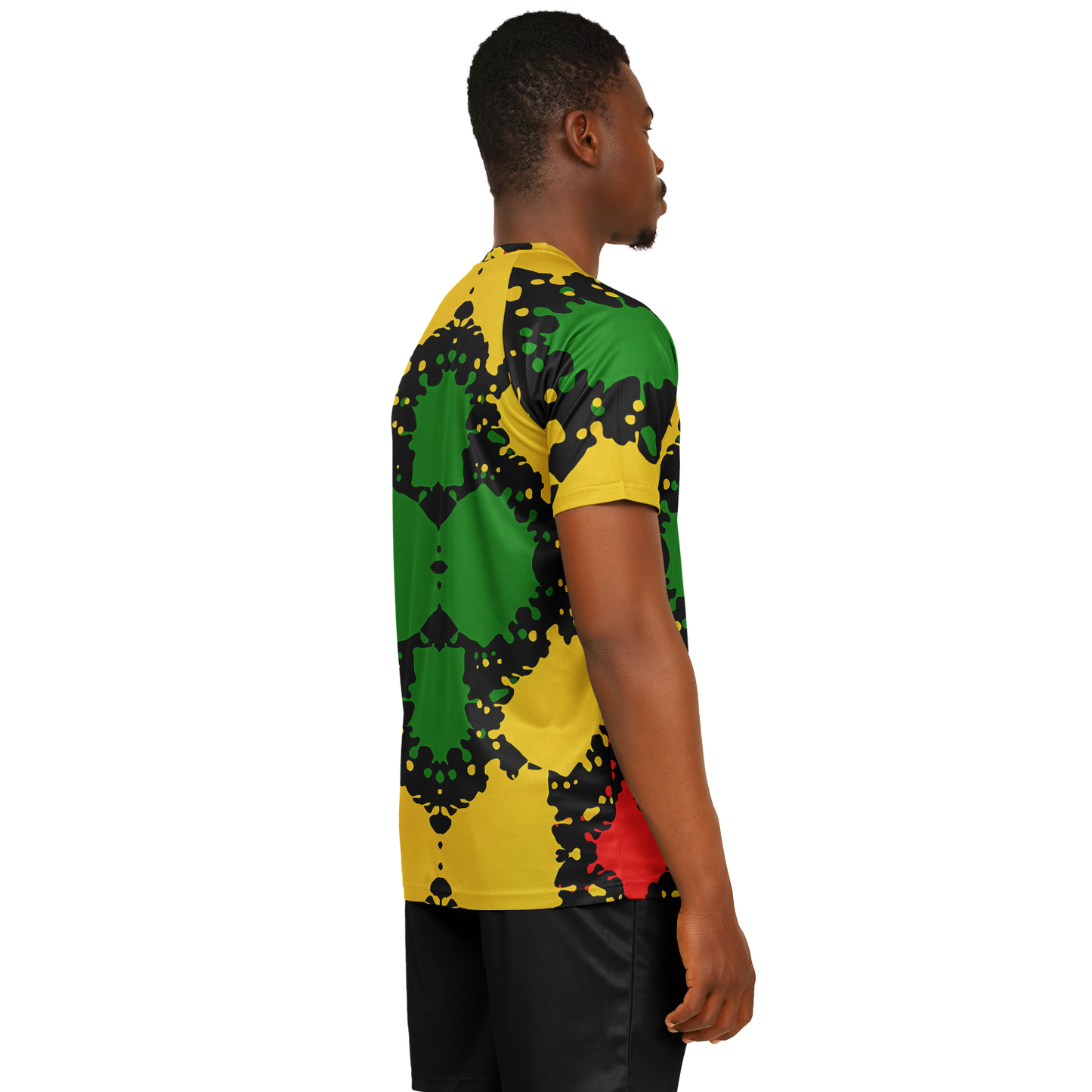 Men Bold Red Yellow Green & Black Star Geometric Pattern All Over Print Soccer Jersey