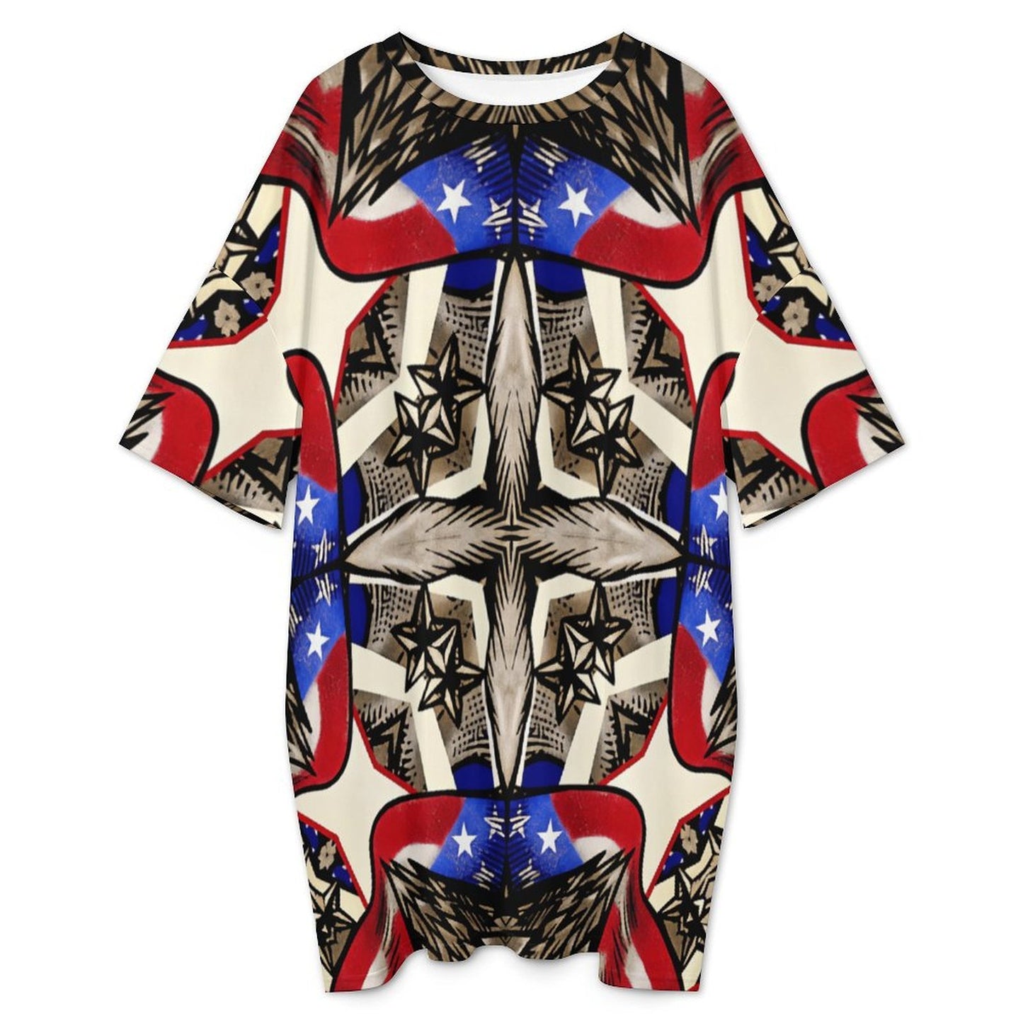 Women's Patriotic Stars & Cross Kaleidoscope Pattern All-Over Print Oversized T- Shirt Loungewear