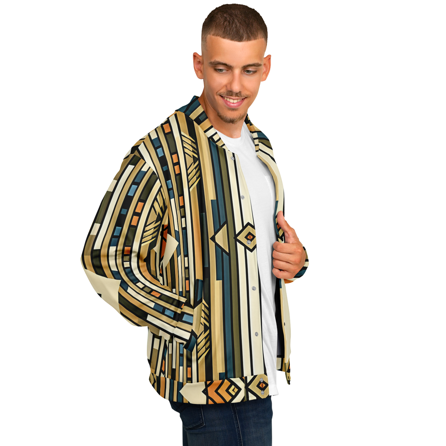 Men's Retro Geometric Tribal Pattern Design All-Over Print Baseball Jacket