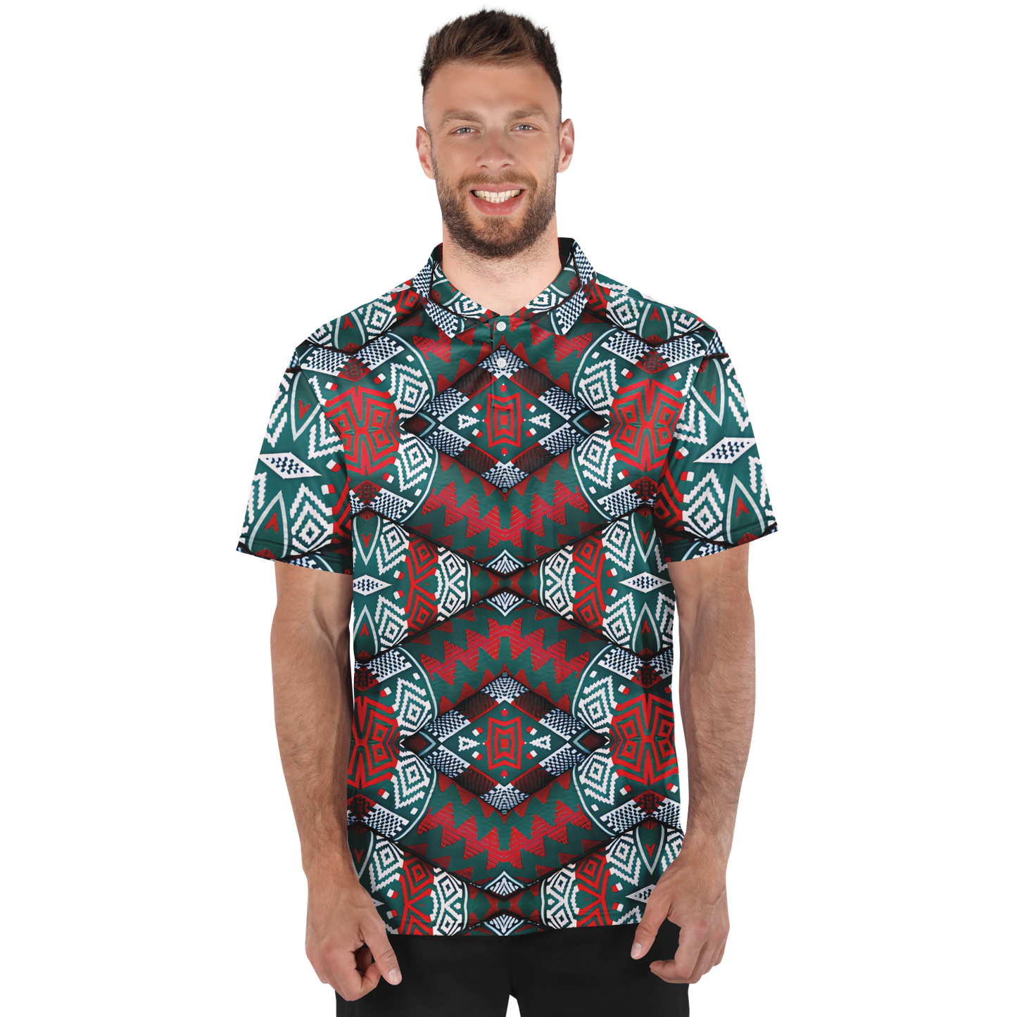 Men's Red, Green & White Teal Aztec Geo Pattern All-Over Print Polo Shirt