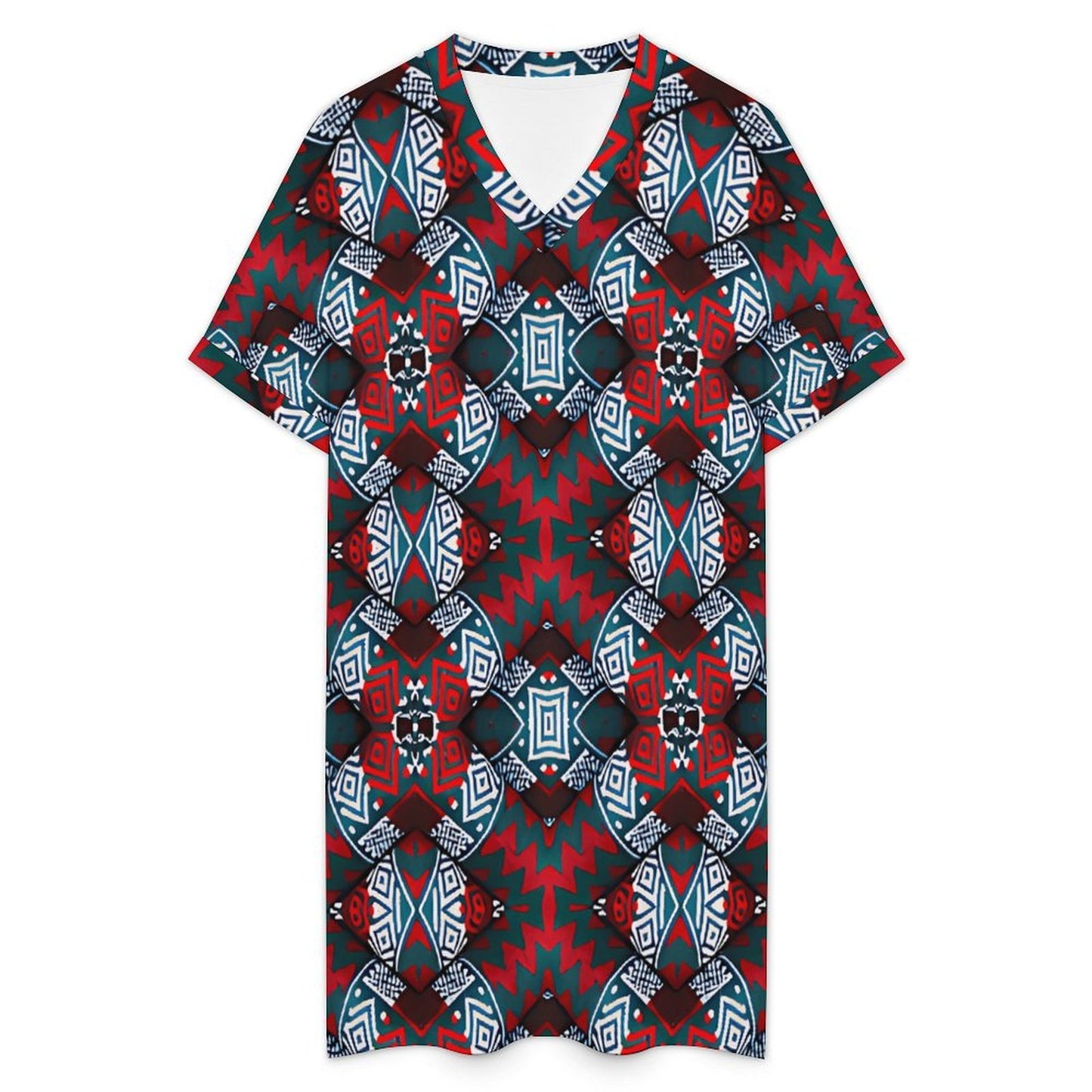 Women's Red, Green & White Teal Aztec Geo Pattern All-Over Print Casual V-Neck Dress with Rolled Cuffs