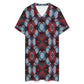 Women's Red, Green & White Teal Aztec Geo Pattern All-Over Print Casual V-Neck Dress with Rolled Cuffs
