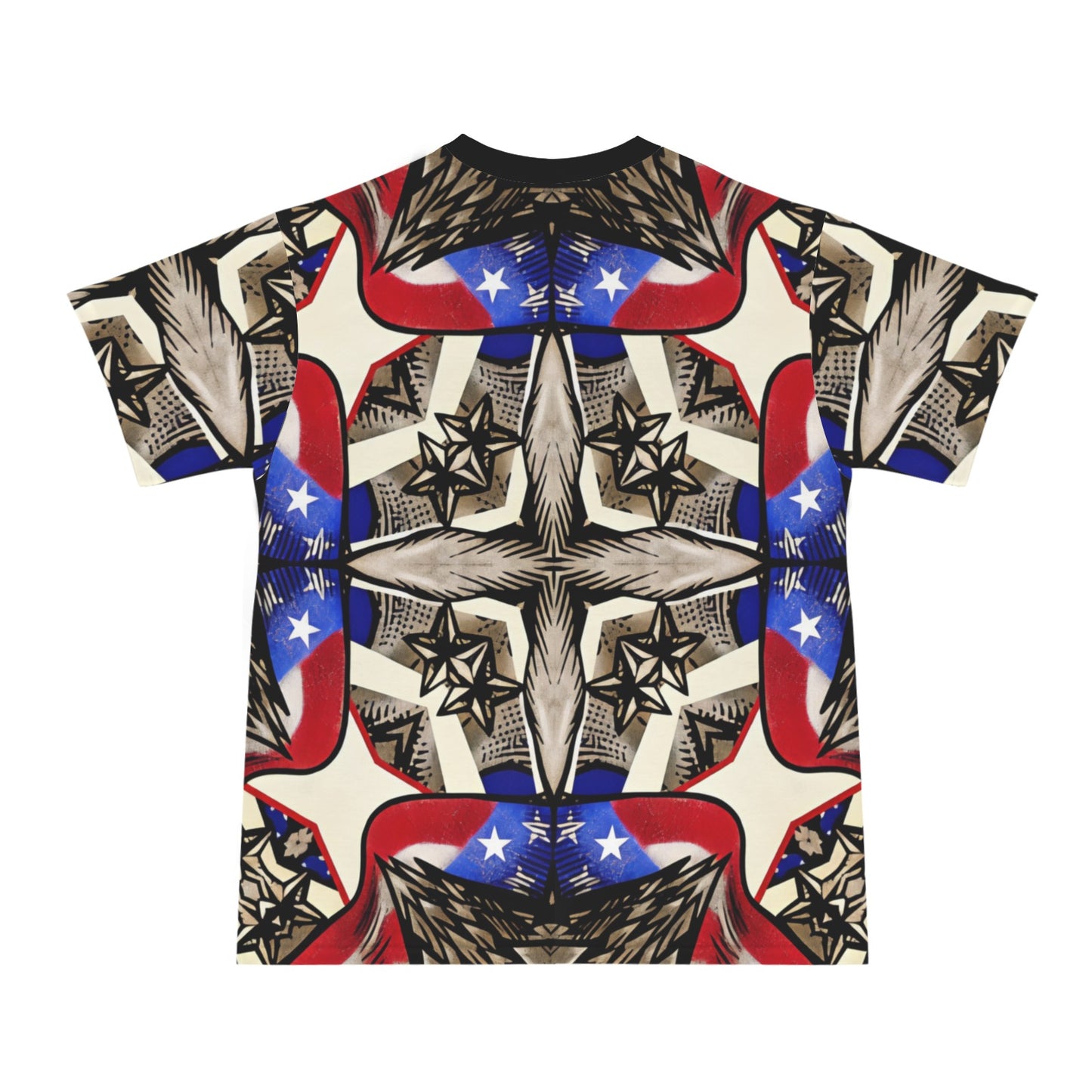 Men's Patriotic Stars & Cross Kaleidoscope Pattern All-Over Print Ribbed Collar T-Shirt