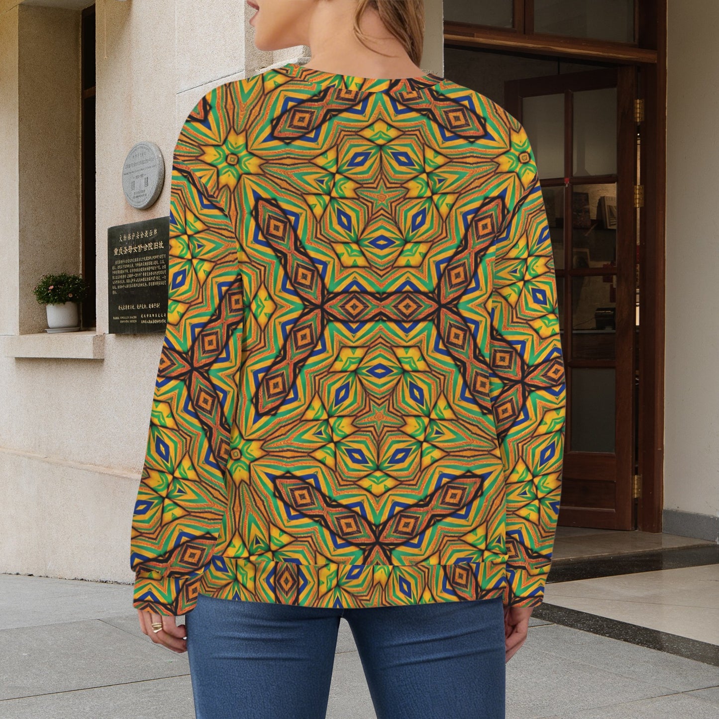Women's Kaleidoscope Geo Pattern All-Over Print Crew Neck Sweater