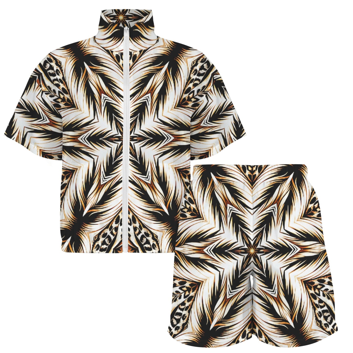 Women's Brown & Black Kaleidoscope Pattern Windbreaker Short Set
