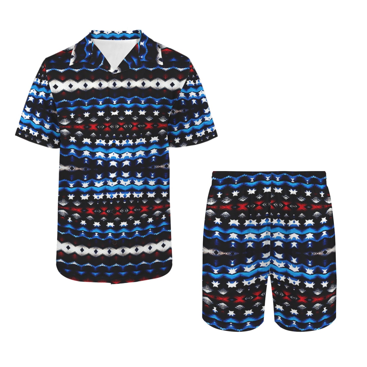 Men's Black Blue & Red Abstract Pattern All Over Print Hawaiian Shirt & Shorts Set