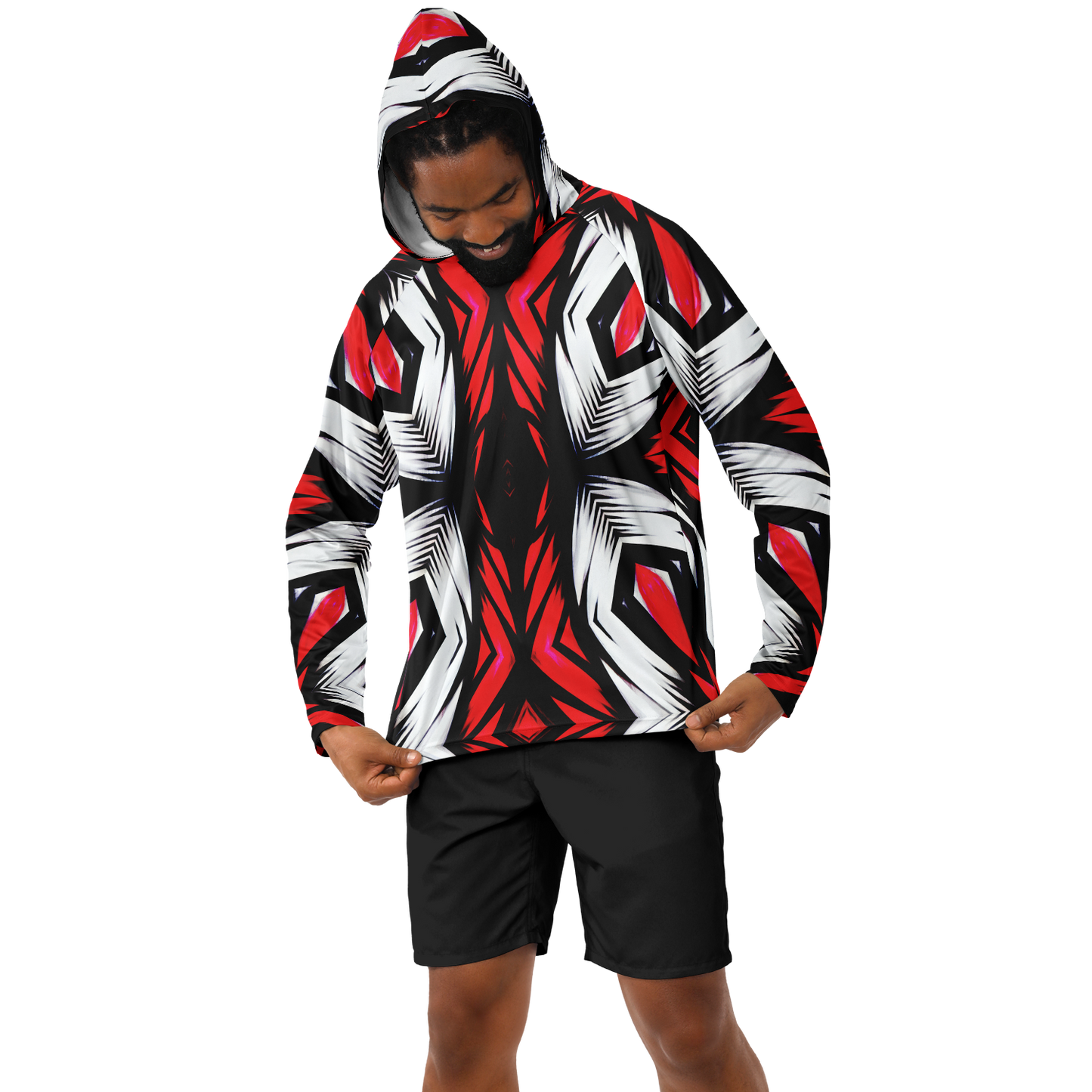 Men's Abstract Red, White & Black Pattern All-Over Print Long Sleeve Hooded Performance Shirt