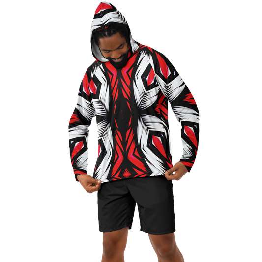 Men's Abstract Red, White & Black Pattern All-Over Print Long Sleeve Hooded Performance Shirt
