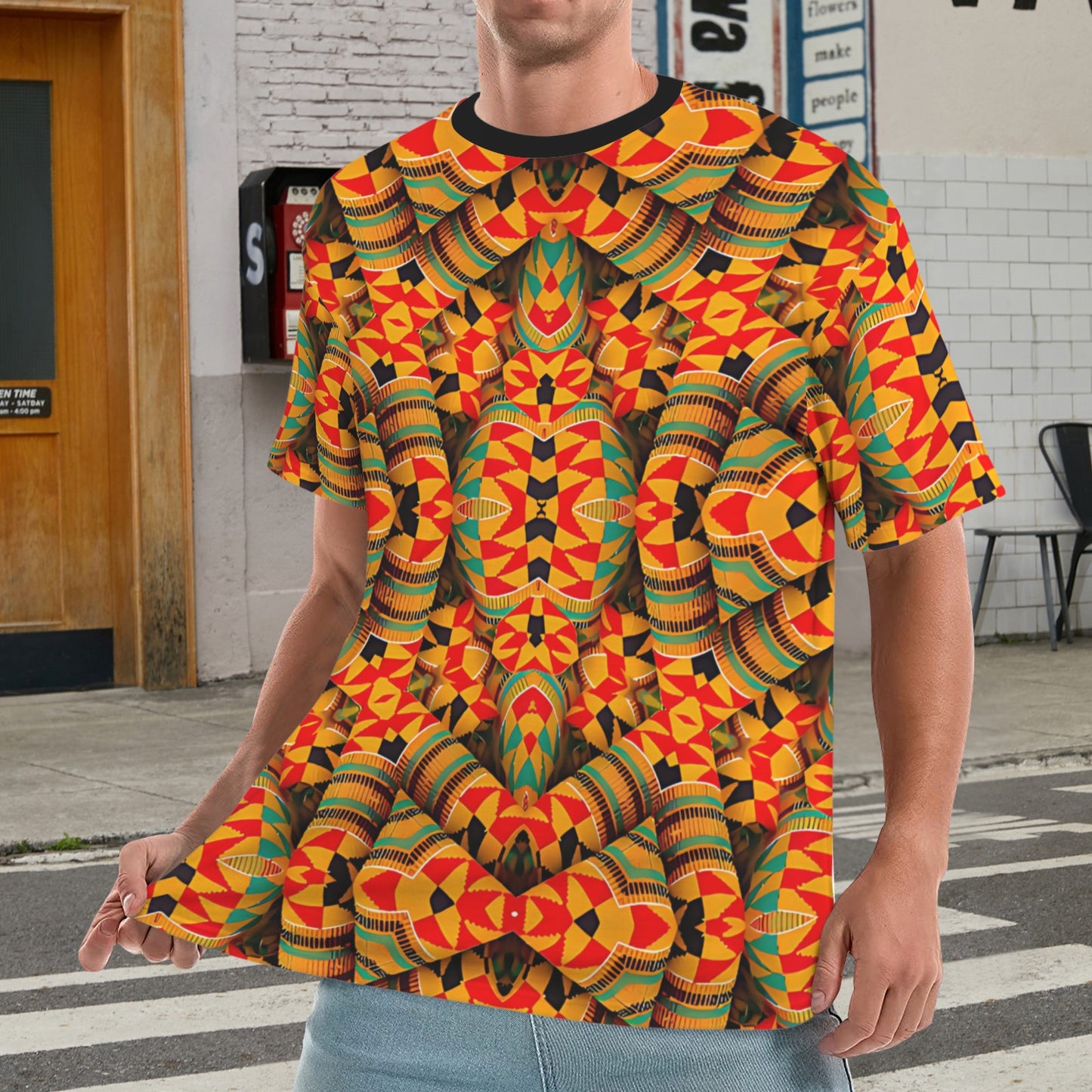 Men's Vibrant Kente Kaleidoscope Geo Pattern All Over Print Ribbed Collar T-Shirt