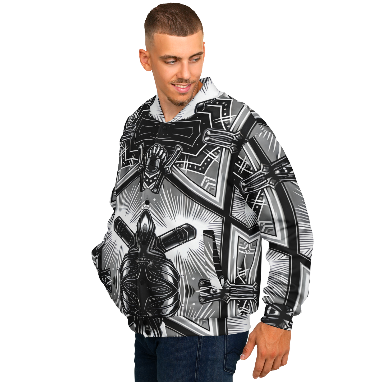 Men's Monochrome Kaleidoscope Pattern Men's All Over Print Baseball Jacket