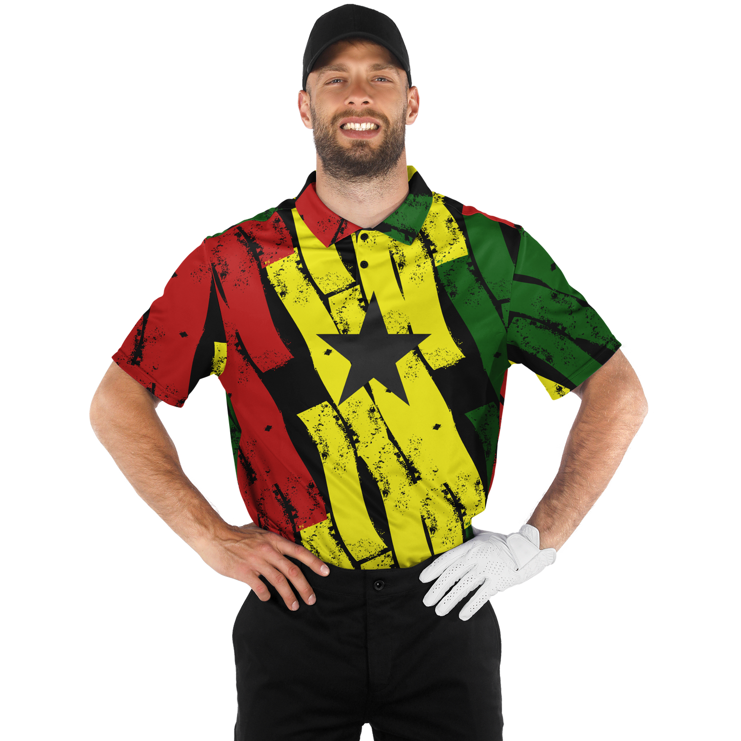 Men's Red Yellow Green Black Stars Polyester Polo Shirt