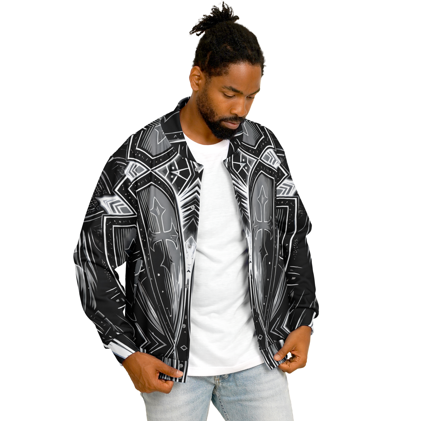 Men's Black & Silver Symmetry Pattern All-Over Print Baseball Jacket