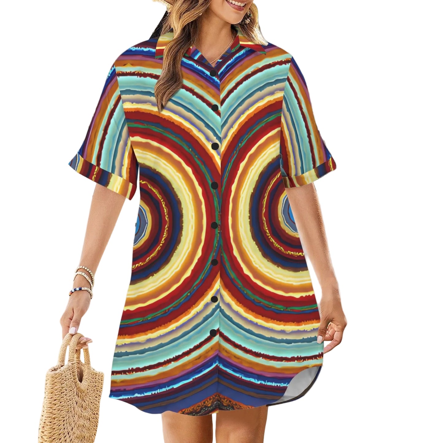 Women's Retro Radiant Circle Pattern  All-Over Print Short Sleeve Button Front Shirt Dress