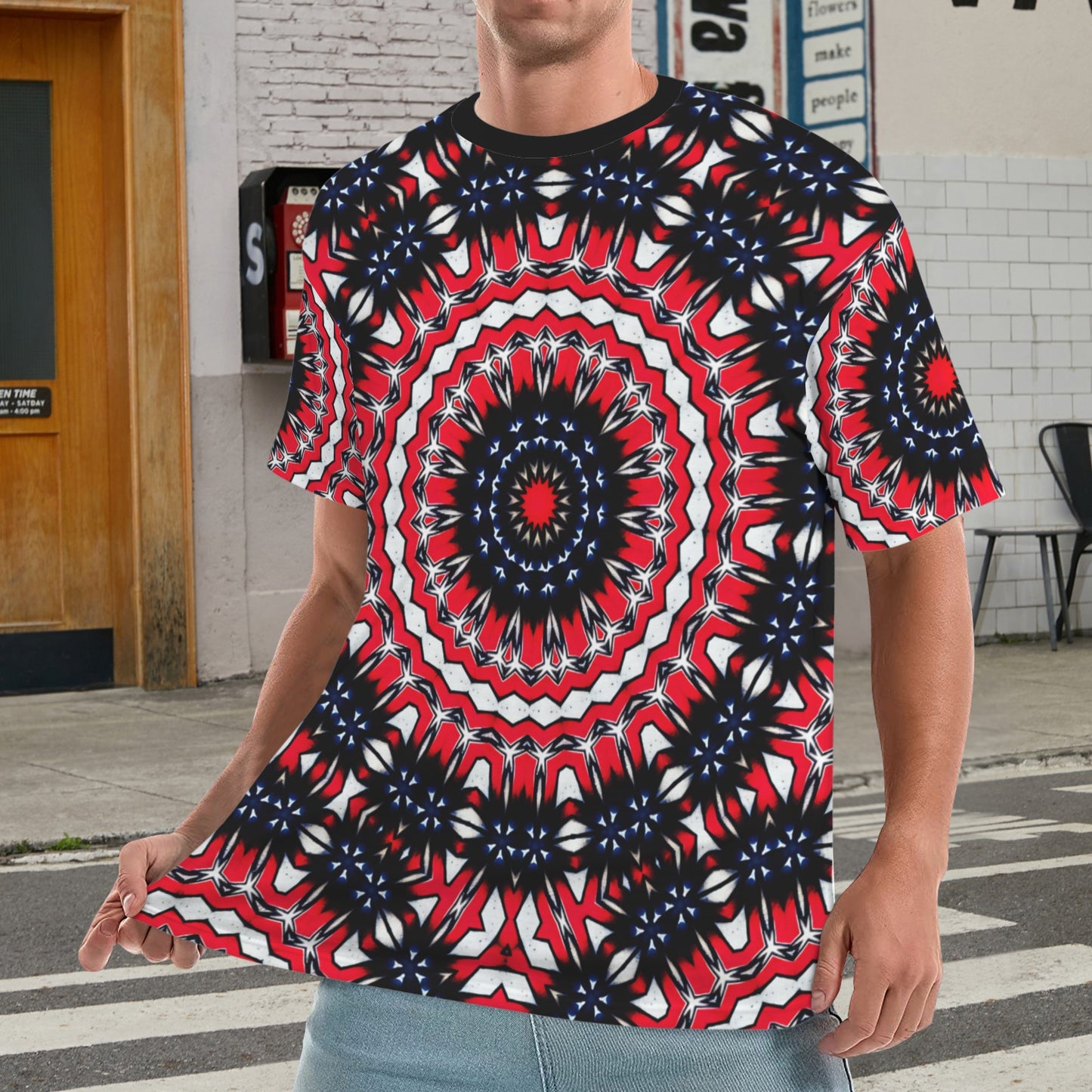 Men's Patriotic Mandala Red White Blue Pattern All Over Print  Cut & Sew  Ribbed Collar T-Shirt