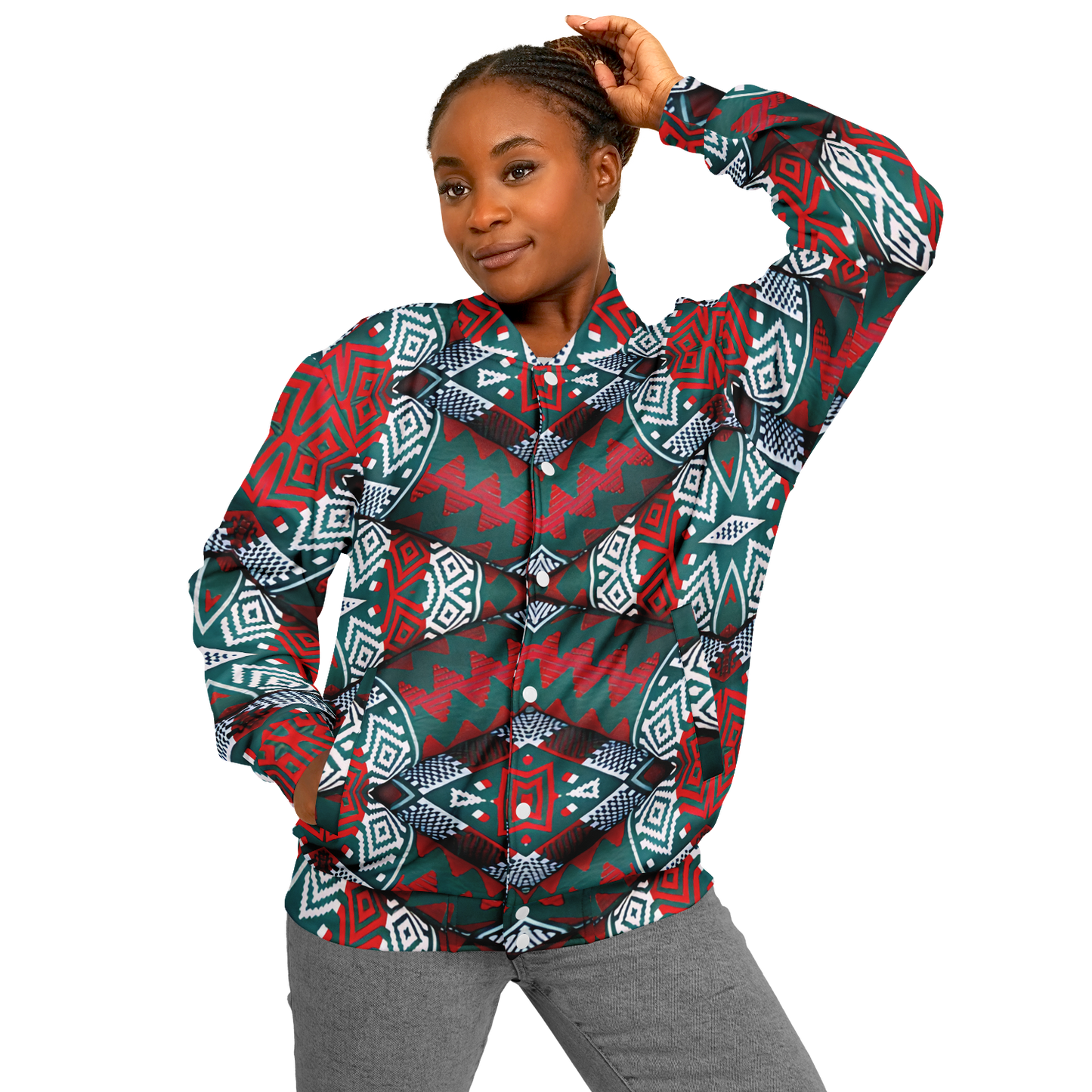 Women's Red, Green & White Teal Aztec Geo Pattern All-Over Print Baseball Jacket