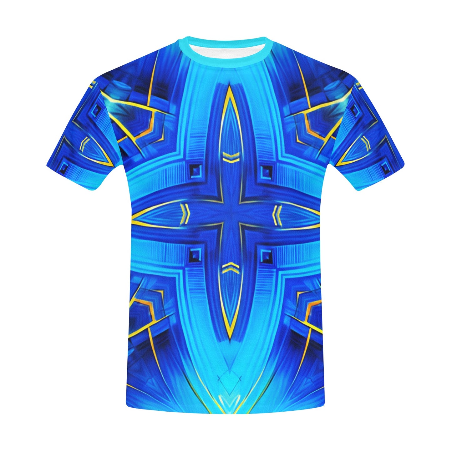 Men Vibrant Blue Geometric All-Over Print Crew Neck T-Shirt