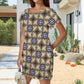 Women’s Neutral Plaid with Blue Tile Accent Pattern Round Neck Pocket Casual Dress