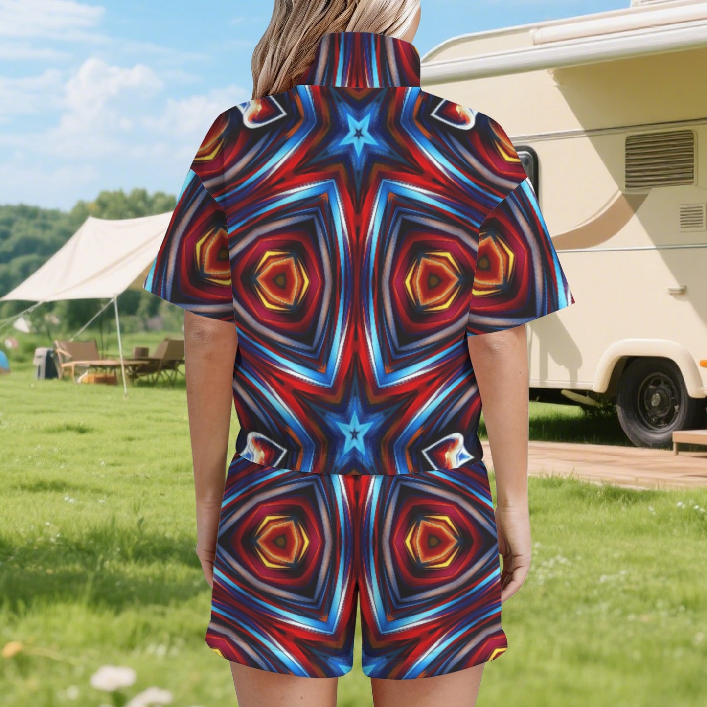 Women's Patriotic Red White Blue Geometric Windbreaker Short Set