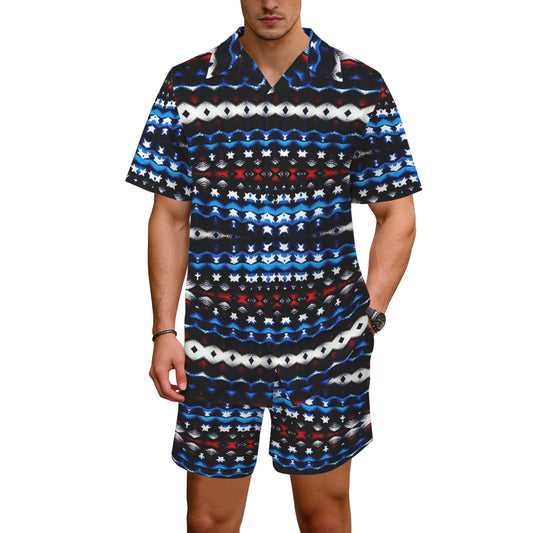 Men's Black Blue & Red Abstract Pattern All Over Print Hawaiian Shirt & Shorts Set