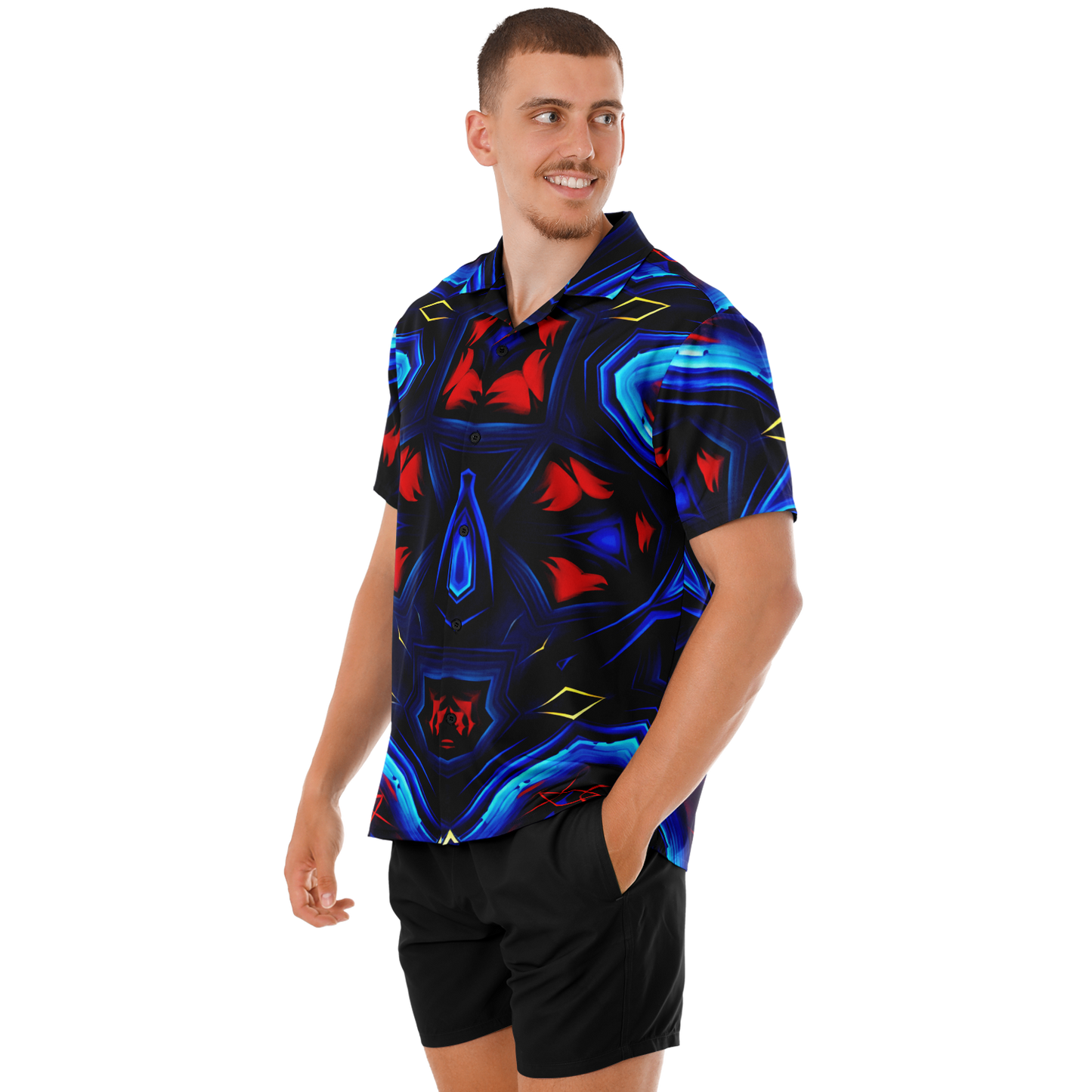 Men's Blue & Red Kaleidoscope Pattern All Over Print Spread Collar Short Sleeve Button-Down Shirt