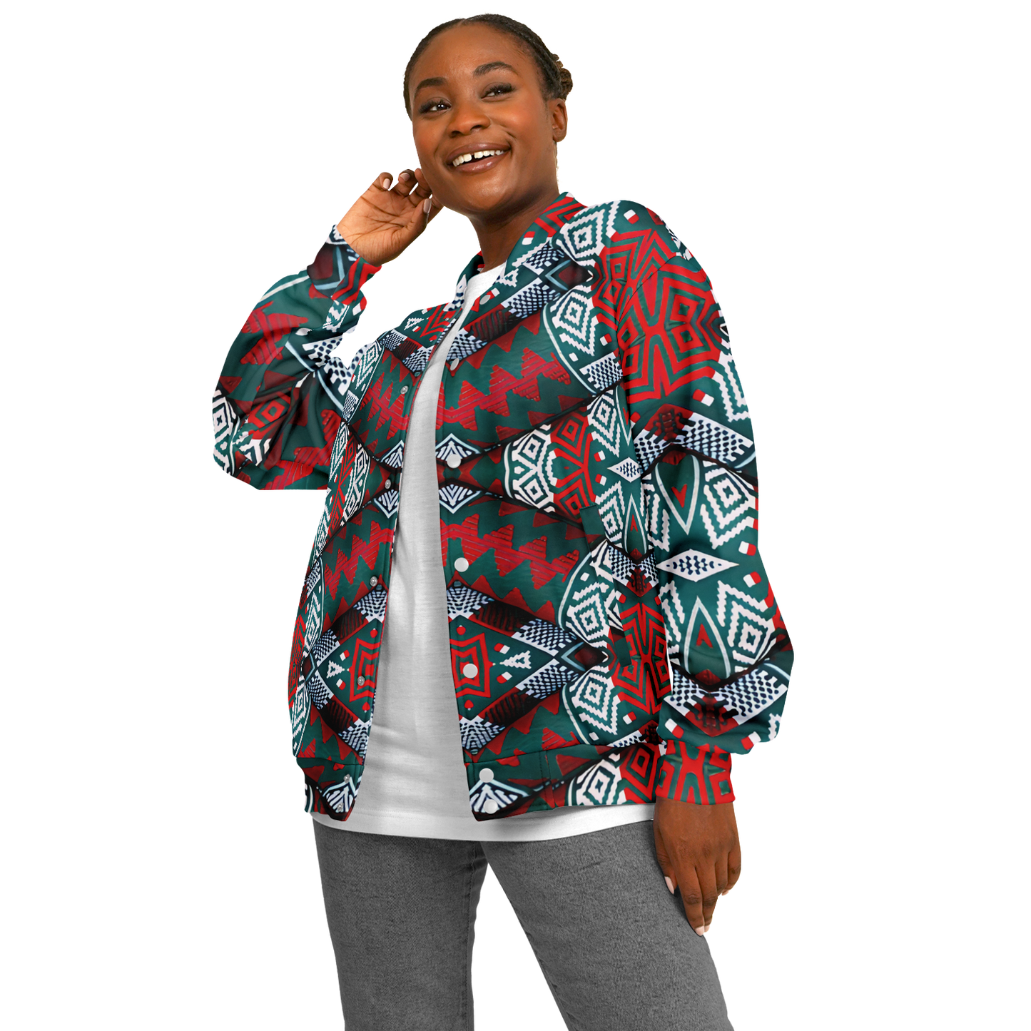 Women's Red, Green & White Teal Aztec Geo Pattern All-Over Print Baseball Jacket