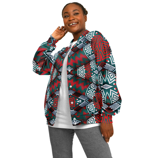 Women's Red, Green & White Teal Aztec Geo Pattern All-Over Print Baseball Jacket